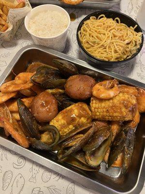 garlic noodles, rice, seafood boil