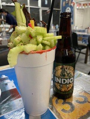 Clamato con carne seca (with an Indio beer)