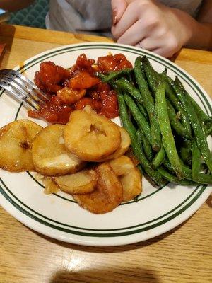 Honey chicken, potatoes, green beans