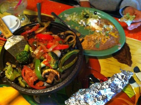 Vegetarian Fajita.  Refried beans, rice, guacamole and sour cream