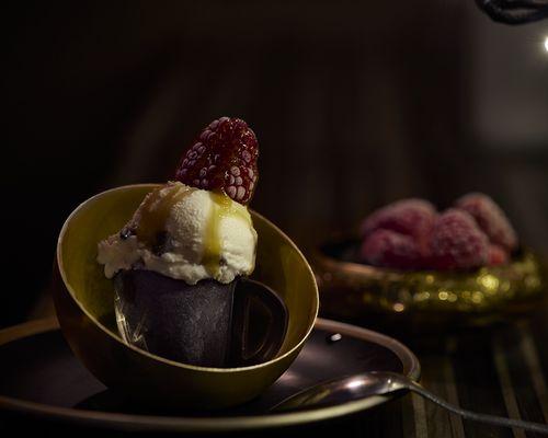 Rum Raisin Ice Cream in edible chocolate cup and caramel