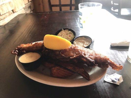 Rohrbach beer battered haddock with coleslaw and sweet potato wedges.