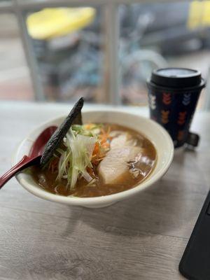 A delicious bowl of miso ramen and jasmine tea!