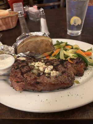 One pound New York Strip, baked potato and mixed veggies