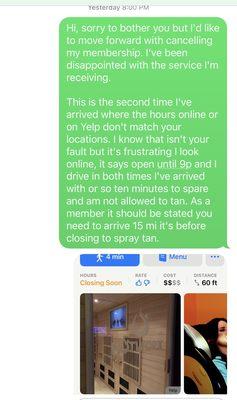 Text exchange from manager with photos to show hours. I arrived around 745p with Yelp and Apple Maps showing 9p close.