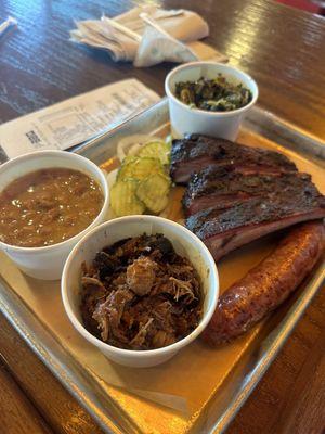 Three Meat (Chopped Natural Brisket, sausage, Natural St. Louis Spare Ribs, Brisket Beans and Collard Greens)