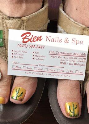 Walk in service!  Plenty of colors and a great $32 pedicure!  If I'm back in Surprise, I'll be back to Bien!