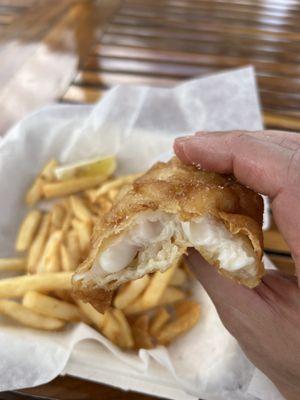 Freshest moist Fish and Chips I ever had anywhere.  It comes with 3 generous size pieces of fish.  Highly recommended.