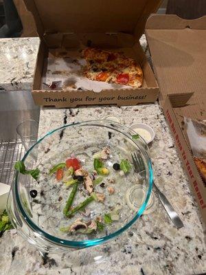 House salad, Italian pizza with garlic chunks