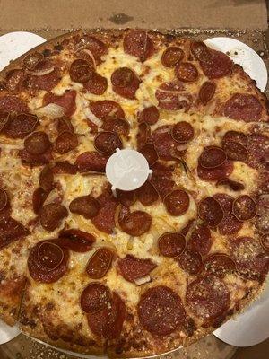 Thin Pepperoni Magnifico Pizza with onions