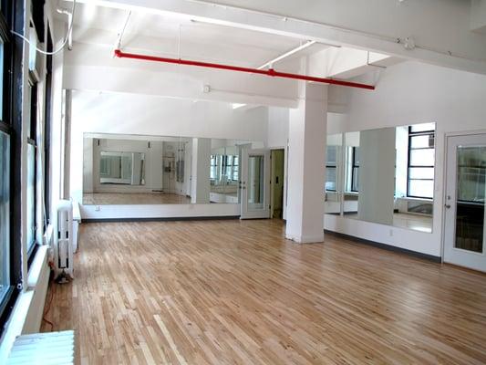 Studio 1, 40 by 19', 760 SF. Available for dance classes, fitness classes, yoga, zumba, martial arts, ballroom, ballet and more.