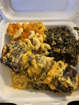 Jerk Chicken Kabob, Collard Greens, Mac and Cheese