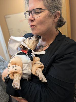 Popeye the rescue pup with receptionist Tiffany!