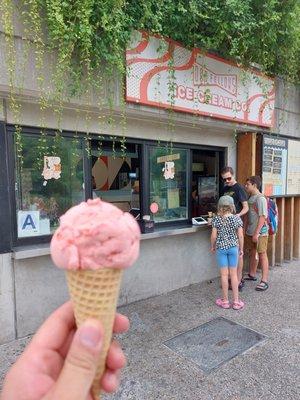 Single Scoop of Strawberry Jam on a Sugar Cone