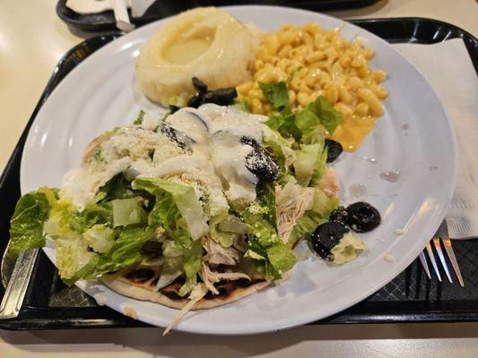 Chicken Ceasar Pita with a side of mashed potatoes with gravy and mac n cheese