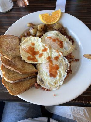 Morning Blast  3 eggs over medium with chorico hash and rye