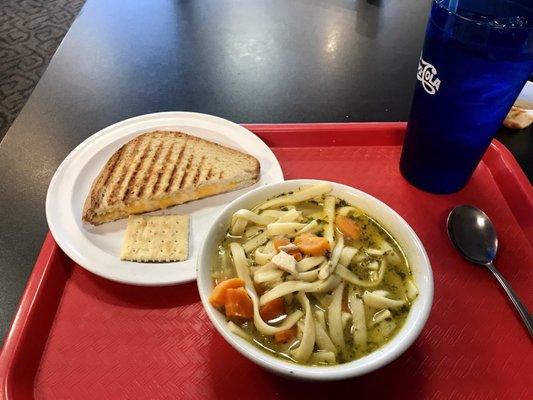 Chicken noodle with grilled cheese.