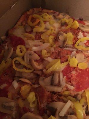 Pepperoni, sausage, onion, mushroom, banana pepper.