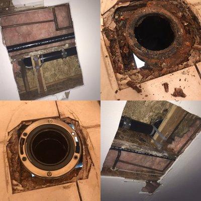 Repair of a old toilet flange that corroded fell through the floor replaced with new toilet flange and drain line from underneath