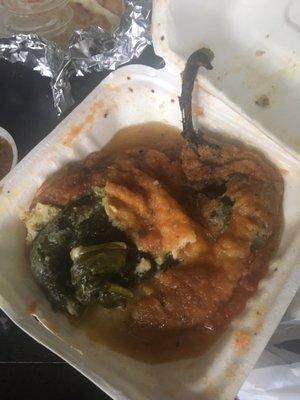 Soggy Chile Relleno. Steamed and liquid spilled everywhere. We didn't eat because it didn't taste good - greasy and bland.