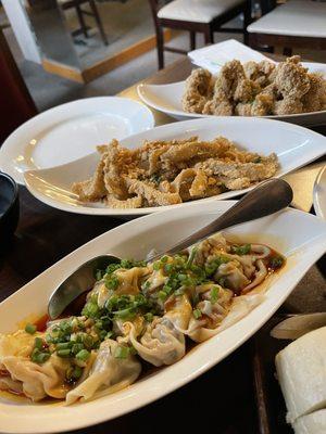 Spicy Wonton and Crispy Squid with Salted Pepper and Popcorn Chicken