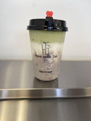 taro milk with matcha milk cup