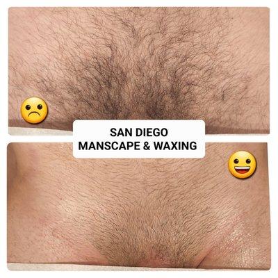 Brazilian wax . Trim the pubic area and wax the penis scrotum perineum anus and butt cheeks  manscape