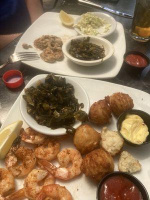 Grilled shrimp, hush puppies, collard greens, fried oysters