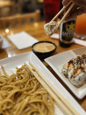 Noodles Side and Spicy Crab Meat Roll