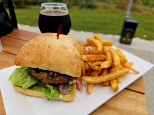 Vegan beyond burger. Be warned that there is heavy cross-contamination. Fries taste like fish.