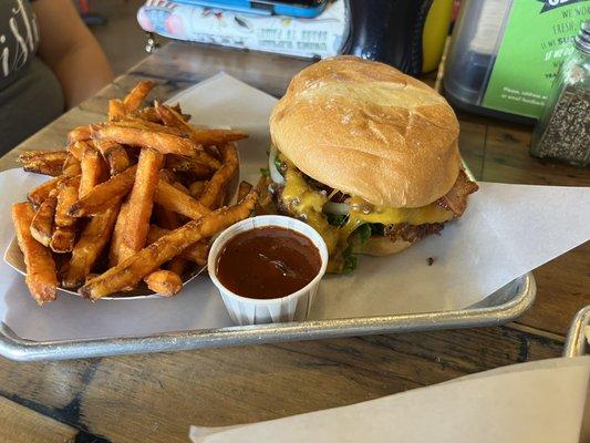 Bacon Chedda' Burger with sweet potato fries