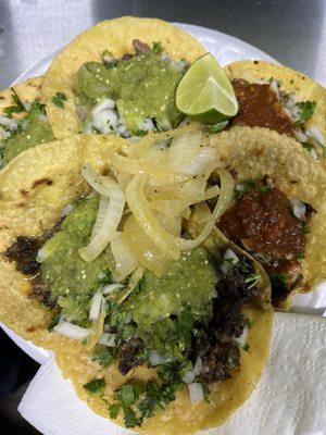 2 tacos of beef head, 2 tacos of al pastor, and 2 tacos of beef tongue, super delicious would eat again.