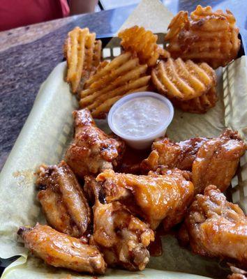 Spicy Asian Wings with Waffle Fries! Really good.