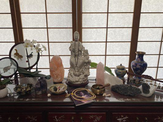 Left to right. Chevron amethyst, rose Quartz tower, selenite and and a druzzy piece with calcite teeth.