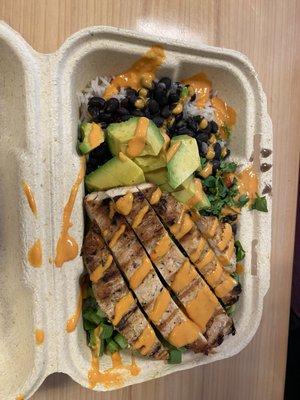 Marty's bowl-black beans, rice, avocado, grilled chicken