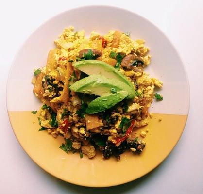 Tofu Chilaquiles with Roasted Red Peppers and Mushrooms