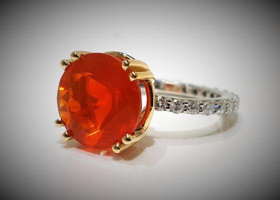 Fully Custom  Orange Mexican Fire Opal 14k Yellow Gold 8 Prong Basket and Diamond Eternity Band.