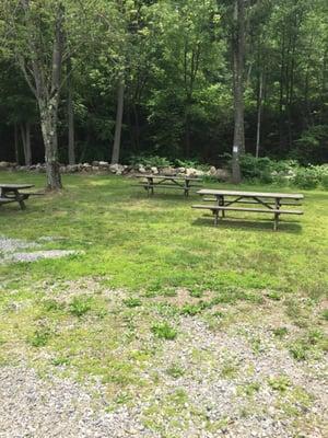 Picnic benches out back by the river.