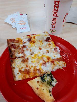 Chiccen, bacon and 2 cheese pizza and what is left of the spinach pizza.