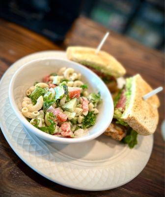 Chicken, avocado, pimento sando with house macaroni salad