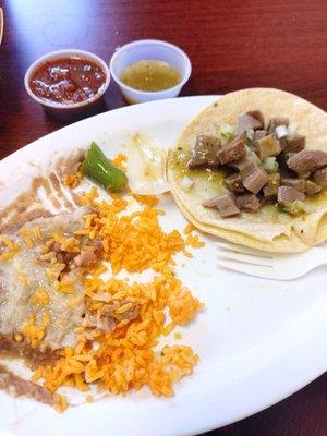 Lengua tacos with rice and beans.