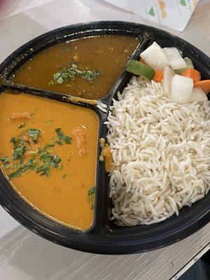 Combo meal: Lamb Curry (top left), Chicken Tikka Masala (bottom left), Rice (right)