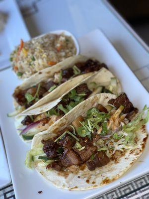 Pork belly tacos & fried rice