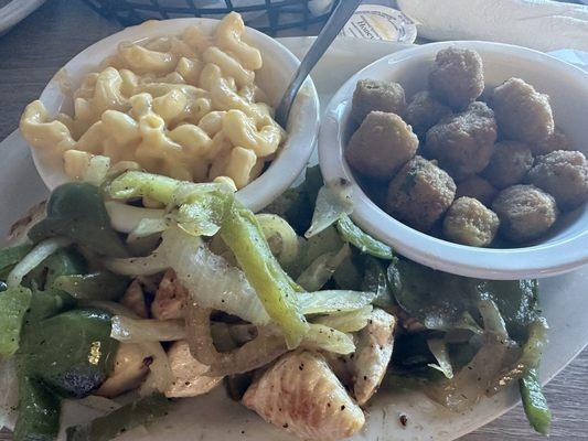 Chicken Tips with peppers & onions, Fried Okra and Macaroni & Cheese.