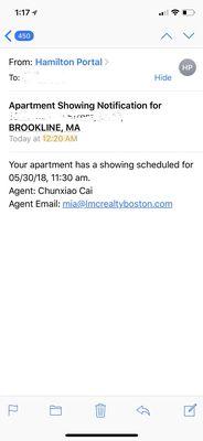 Disrespectful agent!! Auto-generated text at 12:20AM, expects to show my unit at 11:30AM, despite my asking to reschedule. Stay away!!!