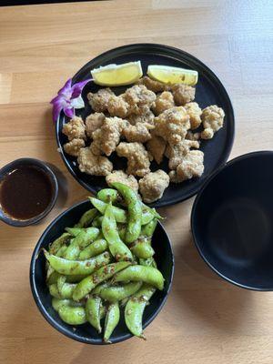 Karaage chicken and edamame appetizer