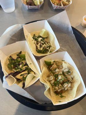 Brisket taco on top Fish taco on left Truffle chicken taco on right