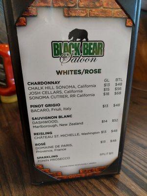 White/Rose wine list