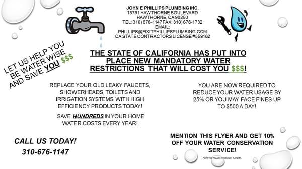 Mandatory water restrictions! Get you water conservation services here!