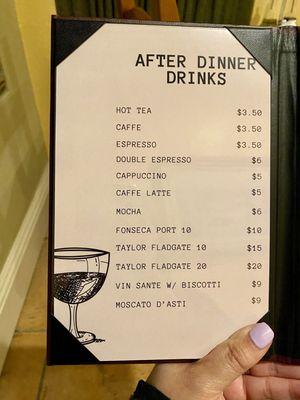 AFTER DINNER DRINKS Menu on August 7, 2024